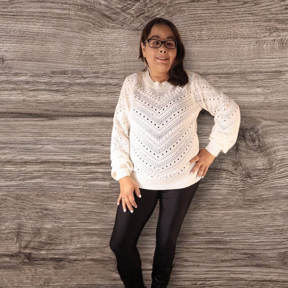 MY STYLE WOMENS SIZE S  BEIGE SWEATER WITH DESIGNED LACE HOLES